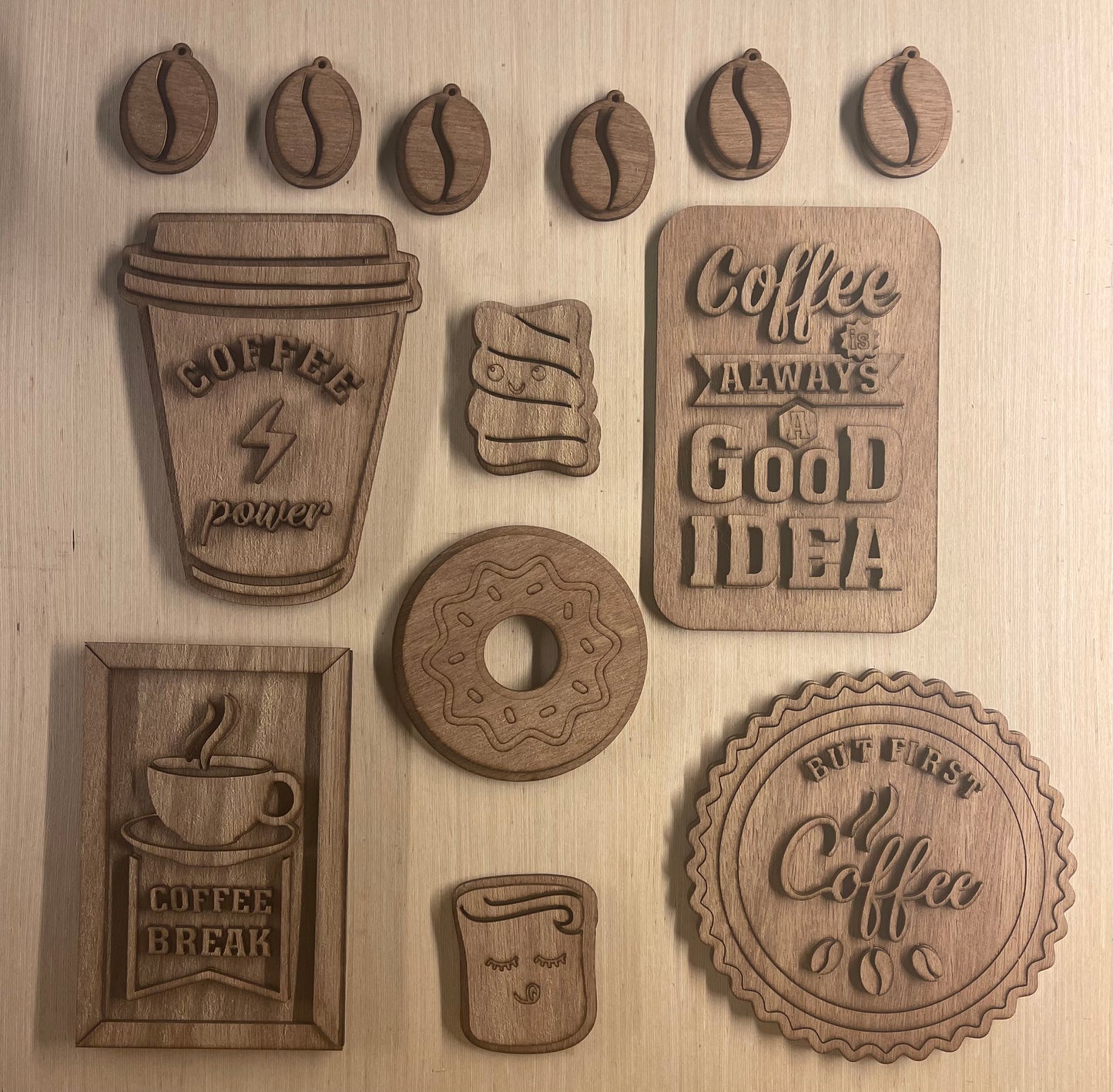 Coffee themed mini set Unfinished Scored Wood Tiered tray set