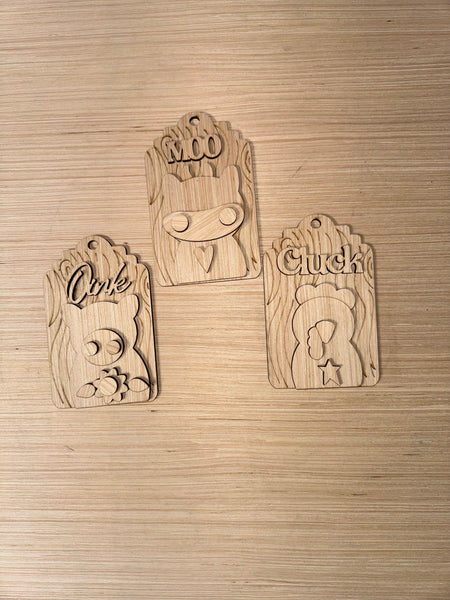 Farm Critters - Pig Cow Chicken Tag Set Unfinished Wood Blank. DIY wood cutout. Diy painting blank.