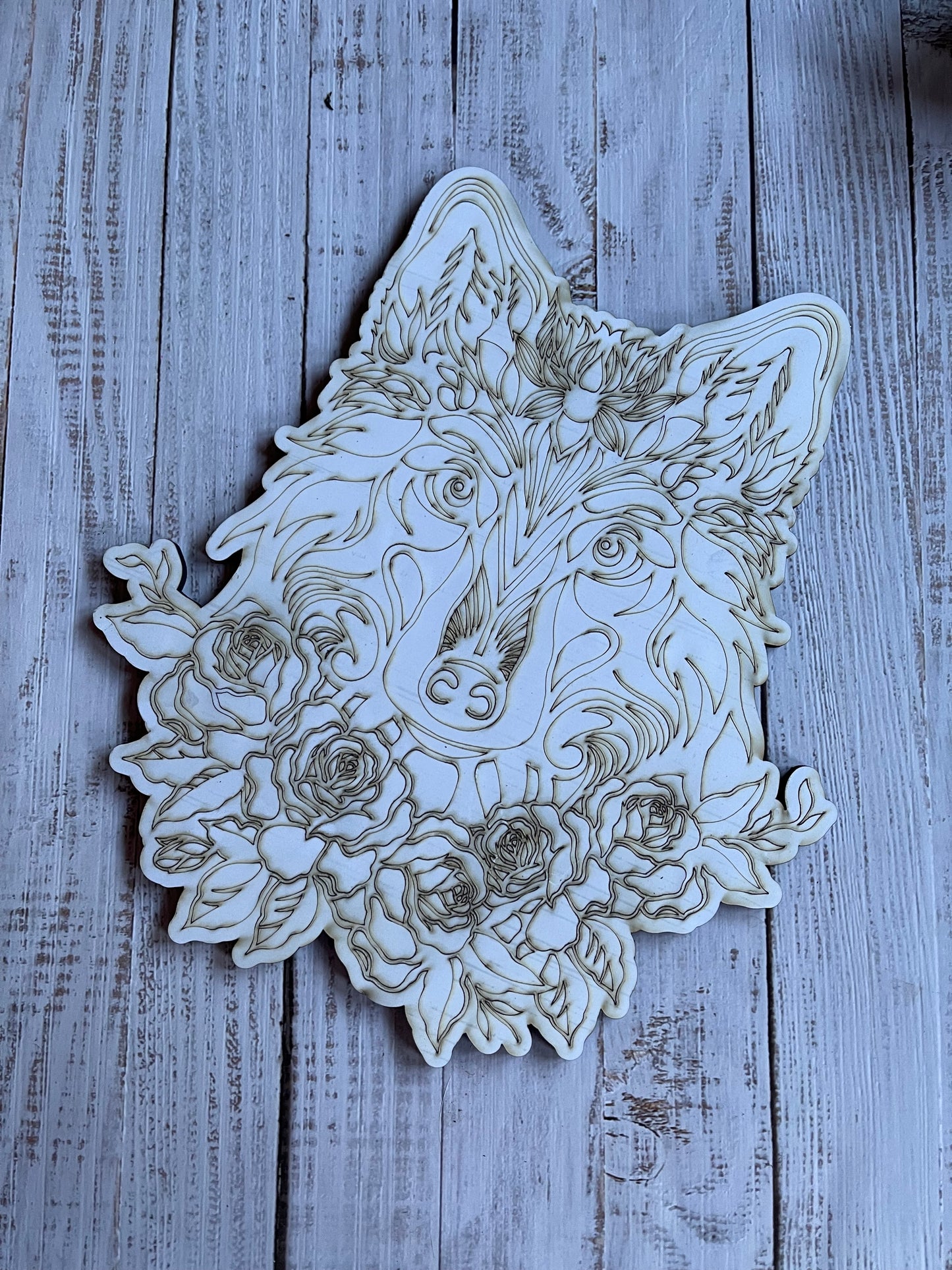 Floral Wolf Wood Plaque. DIY wood cutout. Unfinished laser cut wood blank. Wood blanks.