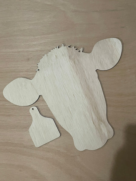 Unfinished Wood Cow Head With Cattle Tag 2 Piece Set Cutouts