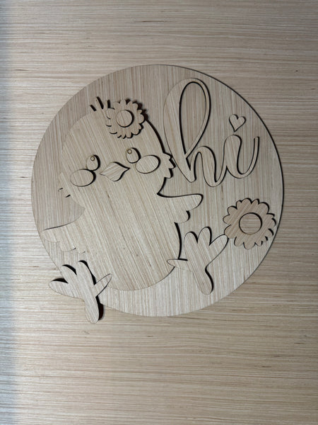 Hi with Chick and Flowers Wood Round Sign Blank DIY Set