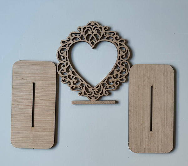 Scrolled Heart Frame Shelf sitter. Unfinished wood cutout.