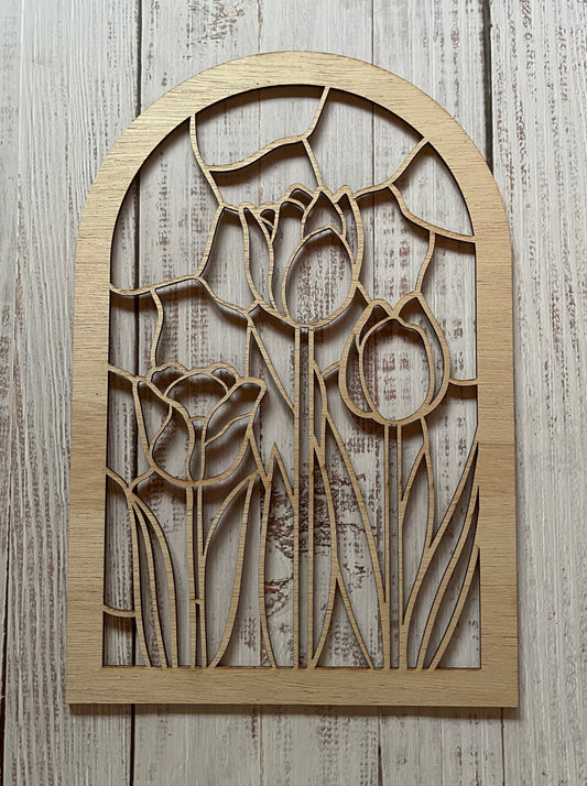 Tulips Stained Glass Frame Art Wood Cut Out. Unfinished Wood frame. Resin art frame. DIY wood cutout. Unfinished laser cut wood resin frame.