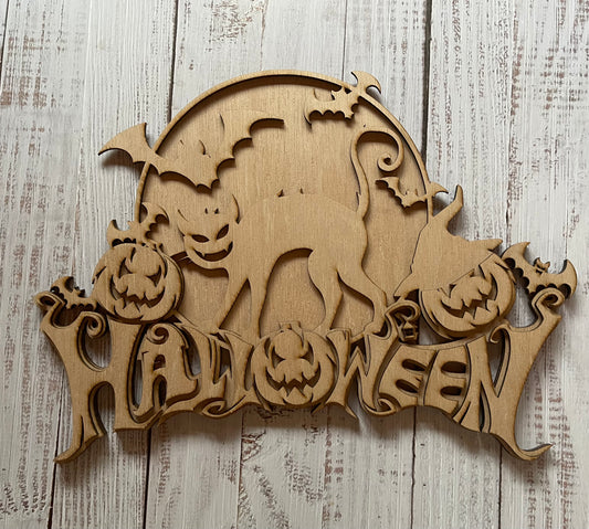 Halloween Triple Layer Unfinished Scored Wood Plaque. DIY wood cutout. Wood blank.