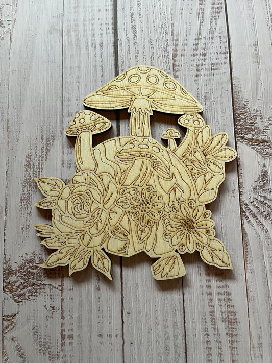 Mushroom and Flowers Wood Plaque. DIY wood cutout. Unfinished laser cut wood resin frame. Wood blanks.