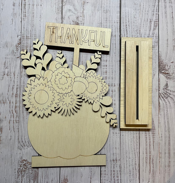 DIY Build your own Thanksgiving Thankful Pumpkin Floral Unfinished Scored Wood Standing Sign Set