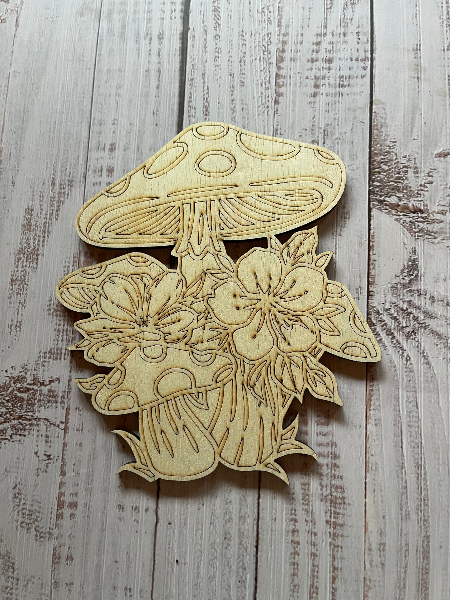 Mushroom and Flowers Wood Plaque. DIY wood cutout. Unfinished laser cut wood resin frame. Wood blanks.