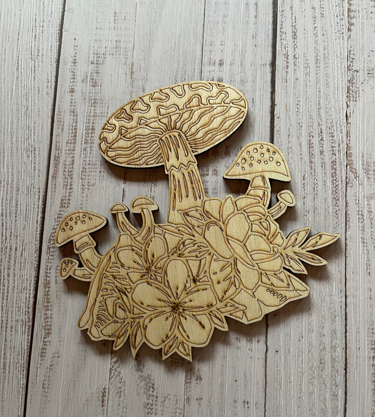 Mushroom and Flowers Wood Plaque. DIY wood cutout. Unfinished laser cut wood resin frame. Wood blanks.