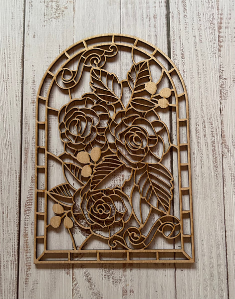 Roses Stained Glass Frame Art Wood Cut Out. Unfinished Wood frame. Resin art frame. DIY wood cutout. Unfinished laser cut wood resin frame.