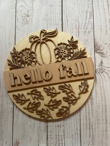 Hello Fall Unfinished Scored Wood Plaque. DIY wood cutout. Wood blank.