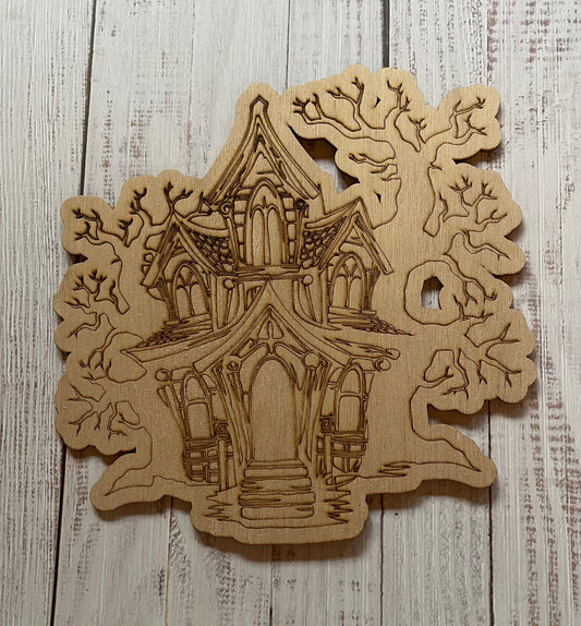 Spooky Haunted House Wood Plaque. DIY wood cutout. Unfinished laser cut wood blank. Wood blanks.