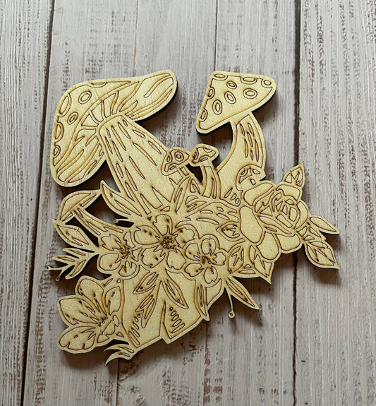 Mushroom and Flowers Wood Plaque. DIY wood cutout. Unfinished laser cut wood resin frame. Wood blanks.