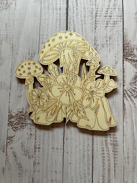 Mushroom and Flowers Wood Plaque. DIY wood cutout. Unfinished laser cut wood resin frame. Wood blanks.