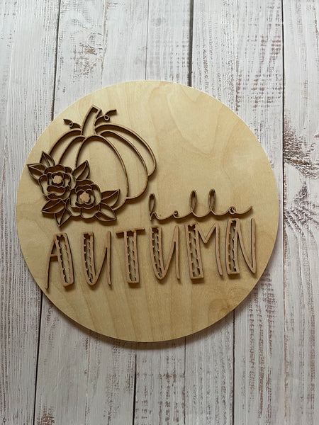 Hello Autumn Unfinished Scored Wood Plaque. DIY wood cutout. Wood blank.