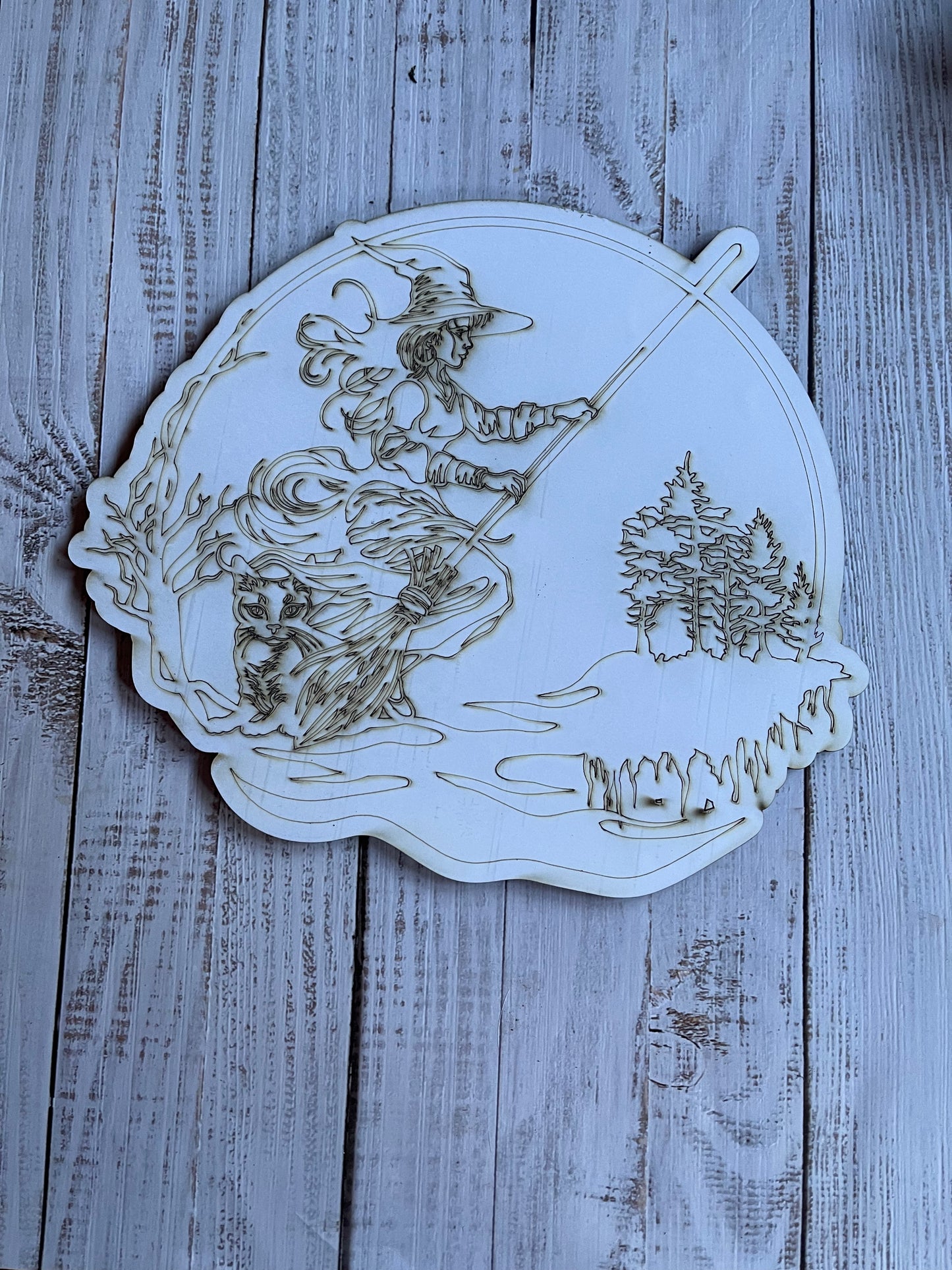 Witch on Broom Wood Plaque. DIY wood cutout. Unfinished laser cut wood blank. Wood blanks.