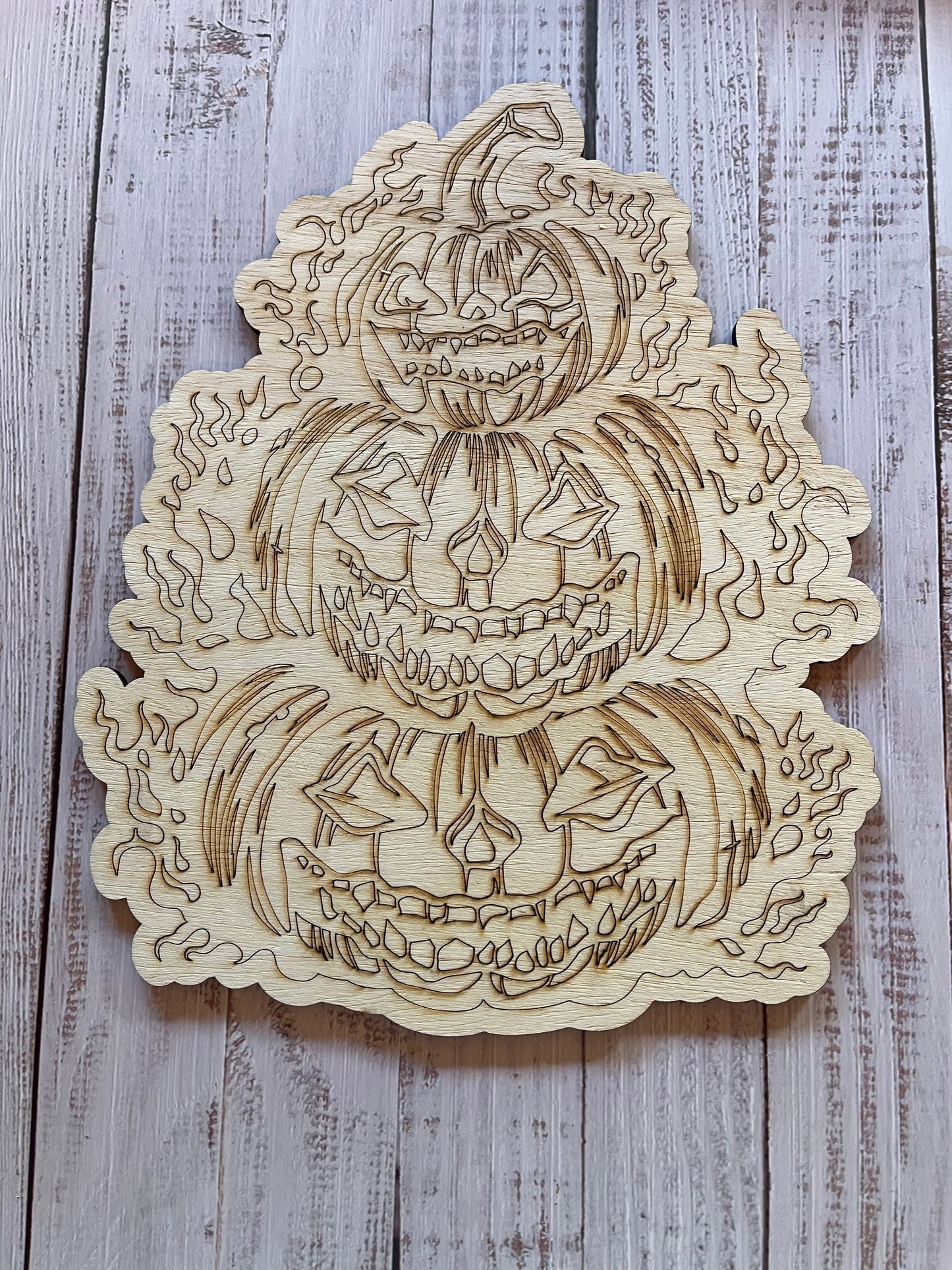 Spooky Jack O’Lanterns with Flames Wood Plaque. DIY wood cutout. Unfinished laser cut wood blank. Wood blanks. (Copy)