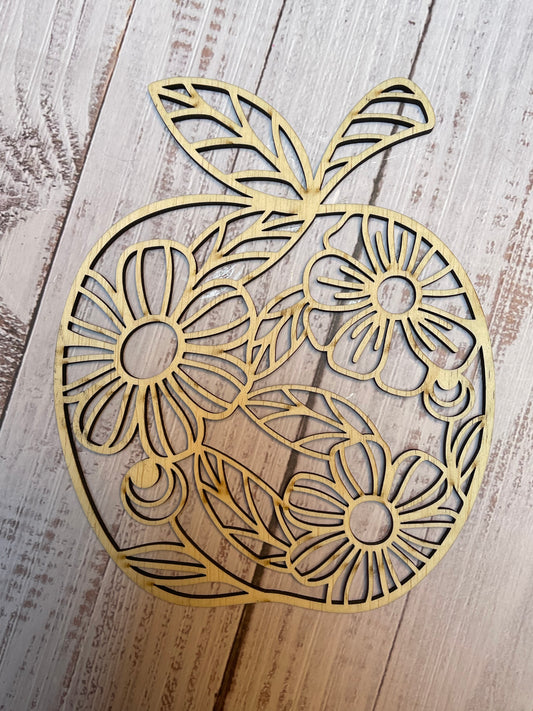 Floral Apple Mandala Unfinished Wood Plaque. DIY wood cutout. Wood mandala blank.