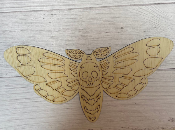 Moth Unfinished Scored Wood Plaque. DIY wood cutout. Wood mandala blank.