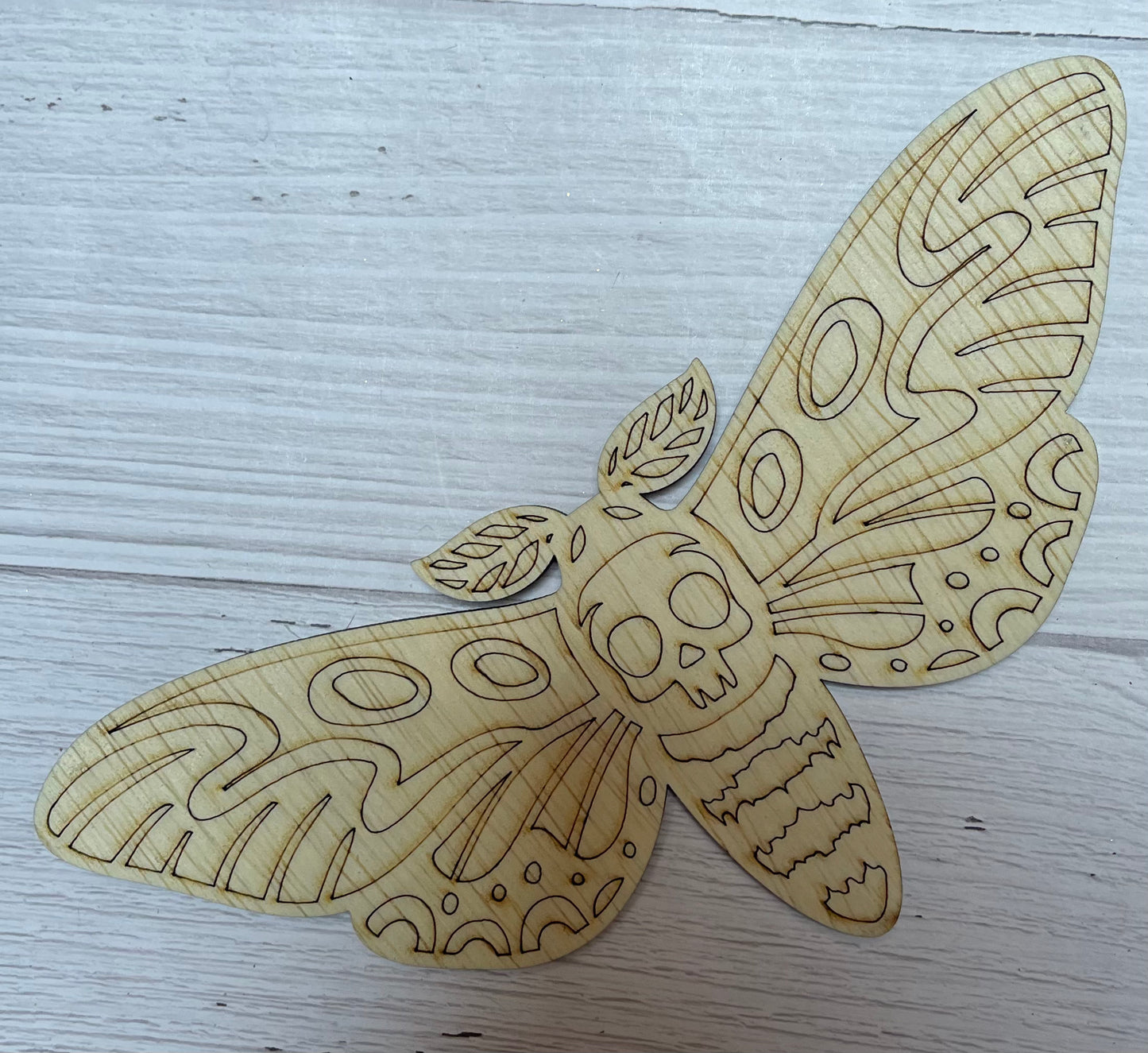 Moth Unfinished Scored Wood Plaque. DIY wood cutout. Wood mandala blank.