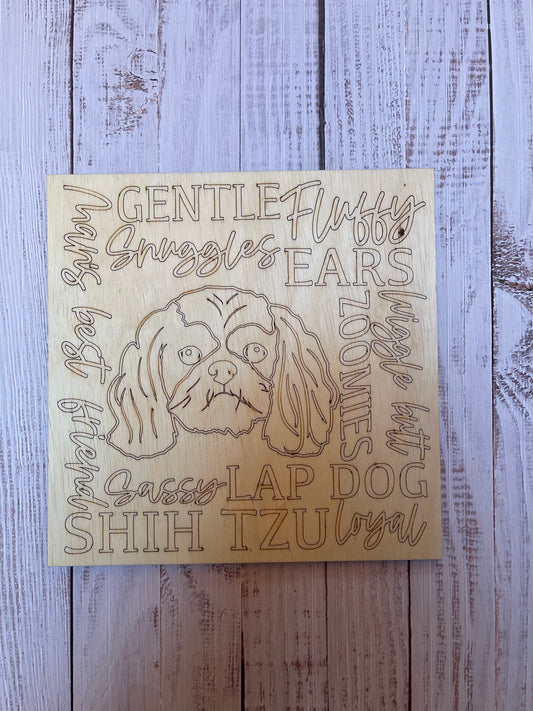 Shih Tzu Dog Unfinished Scored Wood Plaque. DIY wood cutout. Wood mandala blank.