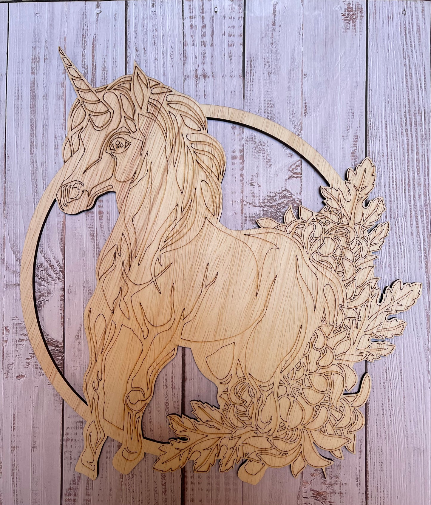 Unicorn Round Unfinished Scored Wood Plaque. DIY wood cutout. Wood mandala blank.
