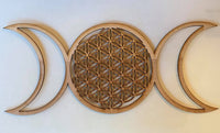 Triple Moon Flower of Life Unfinished Wood Resin Art Frame. Resin art frame. DIY wood cutout. Unfinished laser cut wood resin frame.