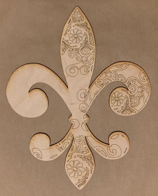 Fleur de Lis Mandala Unfinished Scored Wood Plaque. DIY wood cutout. Wood mandala blank.