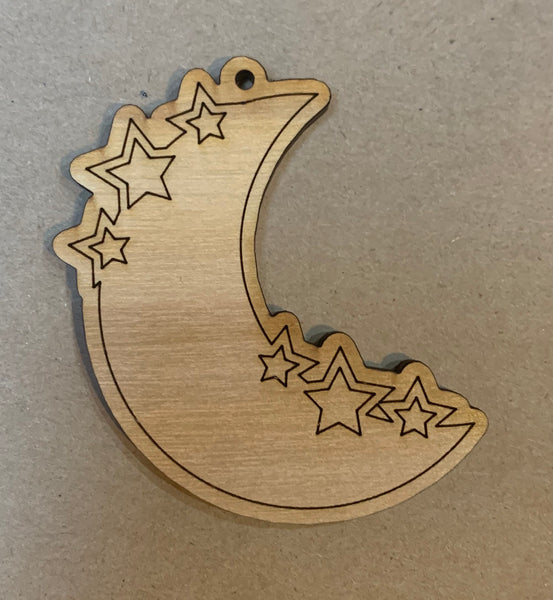 Moon and Stars Unfinished Wood Keychain Blanks - Set of 4 - 4 pieces