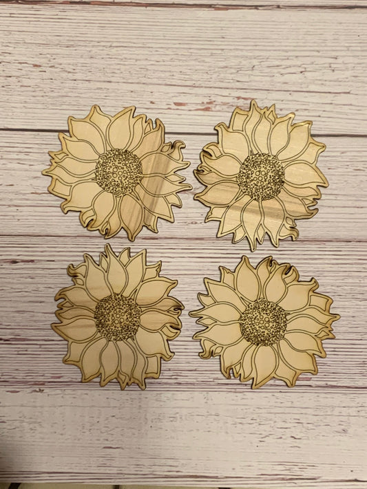 Set of 4 Sunflower Coasters Unfinished Scored Wood Blanks. DIY wood coaster set.