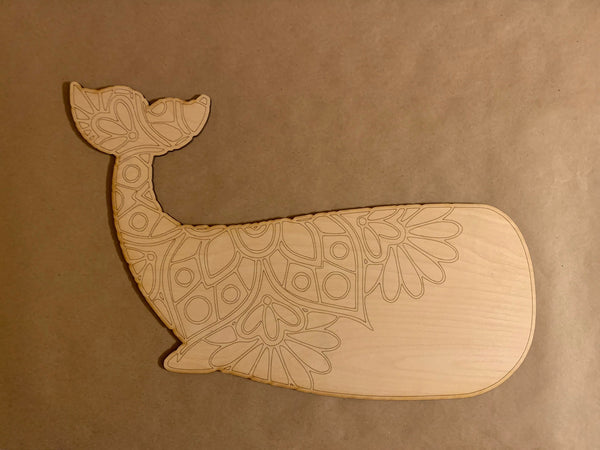 Whale Mandala Unfinished Scored Wood Plaque. DIY wood cutout. Wood mandala blank.