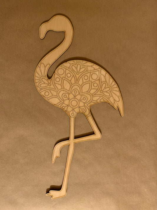 Flamingo Mandala Unfinished Scored Wood Plaque. DIY wood cutout. Wood mandala blank.