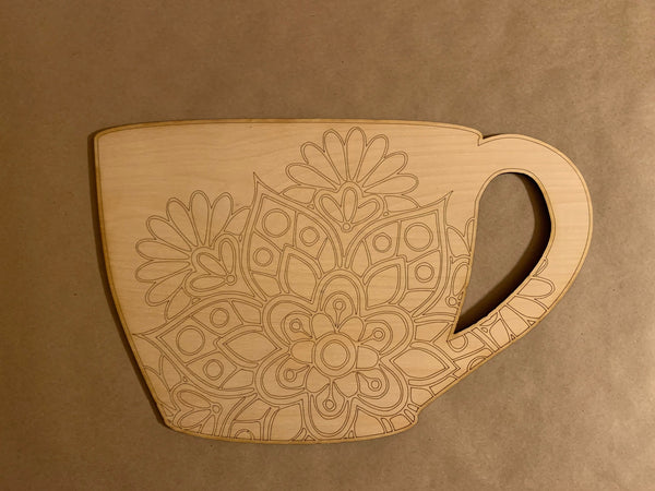 Coffee Mug Mandala Unfinished Scored Wood Plaque. DIY wood cutout. Wood mandala blank.
