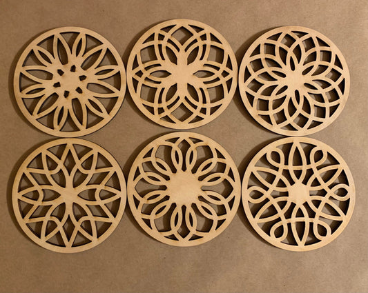 Set of 6 Coasters Unfinished laser cut Wood Blanks. DIY wood coaster set.