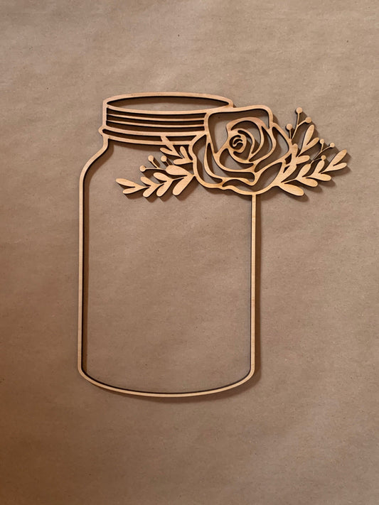 Flowers with Mason Jar Unfinished Wood Resin Art Frame. Resin art frame. DIY wood cutout. Unfinished laser cut wood resin frame.
