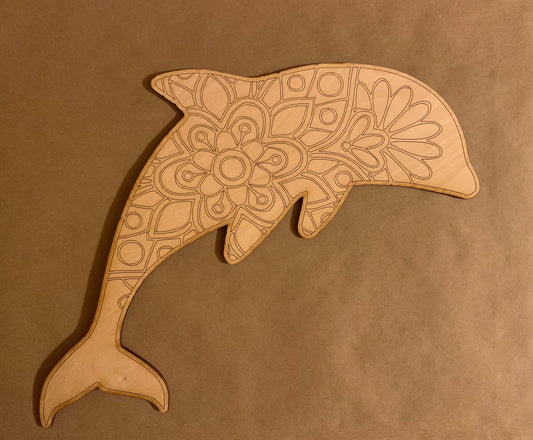 Dolphin Mandala Unfinished Scored Wood Plaque. DIY wood cutout. Wood mandala blank.