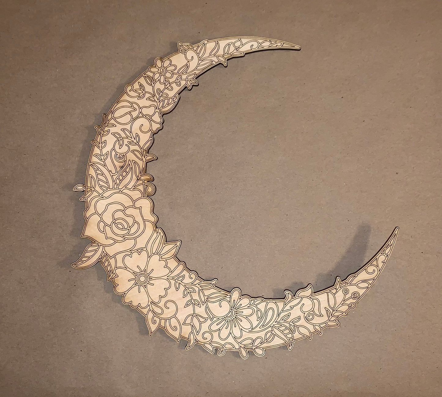 Floral Moon Mandala Unfinished Scored Wood Plaque. DIY wood cutout. Wood mandala blank.