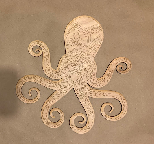 Octopus Mandala Unfinished Scored Wood Plaque. DIY wood cutout. Wood mandala blank.