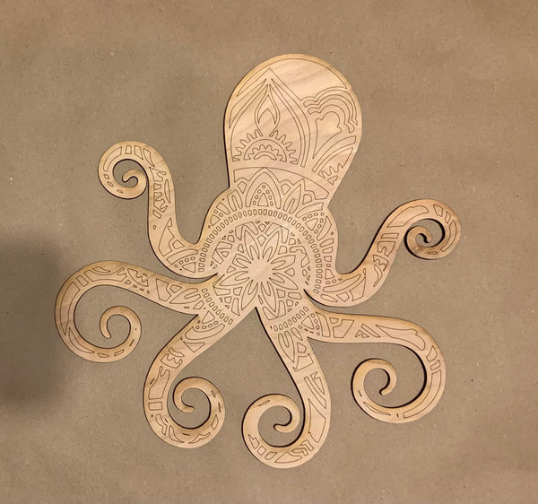 Octopus Mandala Unfinished Scored Wood Plaque. DIY wood cutout. Wood mandala blank.