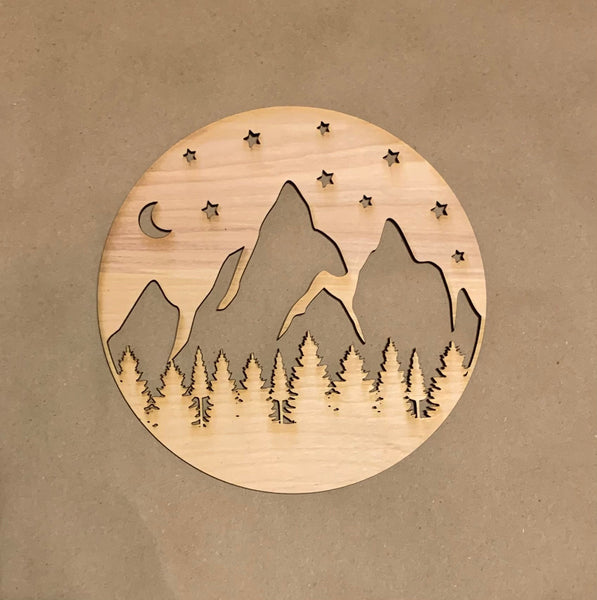 Night Sky Mountains and Forest Round. Unfinished Wood frame. Resin art frame.
