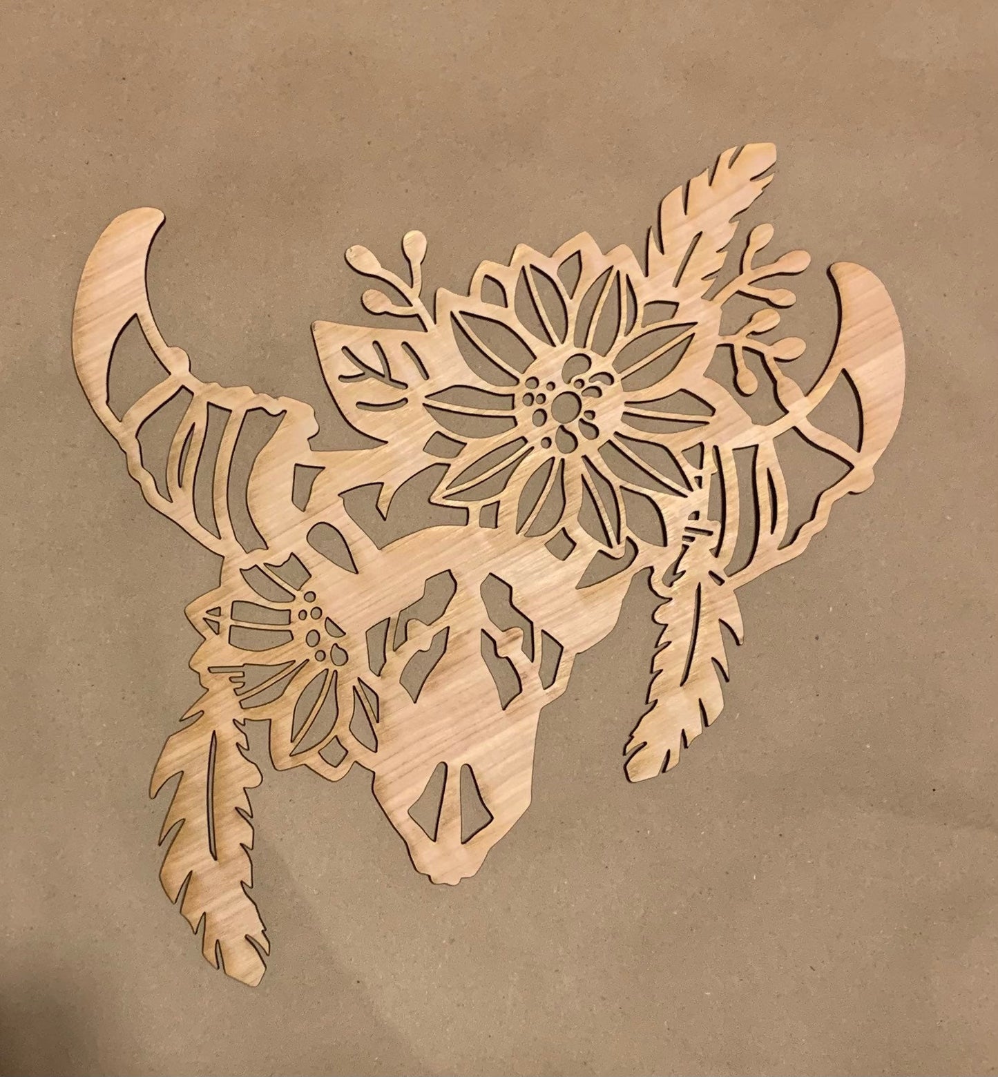 Floral Bull Skull with Feathers. Unfinished Wood frame. Resin art frame. DIY wood cutout. Unfinished laser cut wood resin frame.