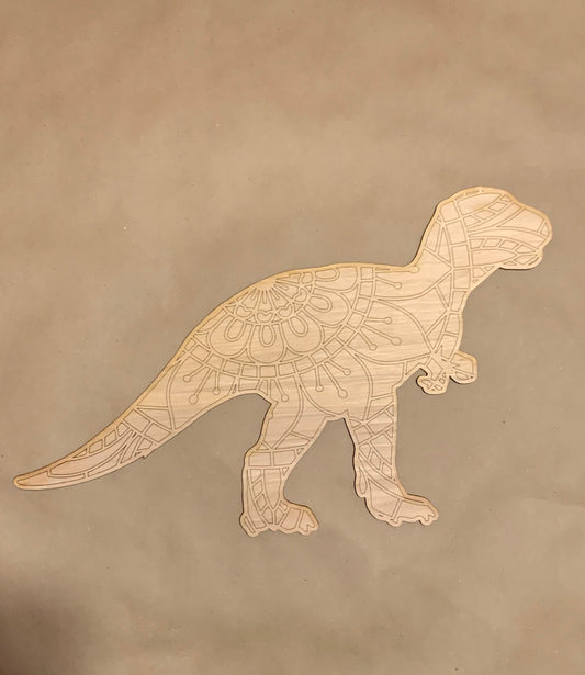 T-Rex Mandala Unfinished Scored Wood Plaque. DIY wood cutout. Wood mandala blank.