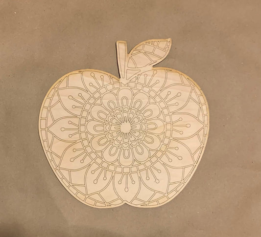 Apple Mandala Unfinished Scored Wood Plaque. DIY wood cutout. Wood mandala blank.