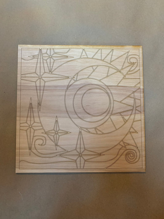 Barn Quilt Sun and Moon Unfinished Scored Wood Plaque. DIY wood cutout.