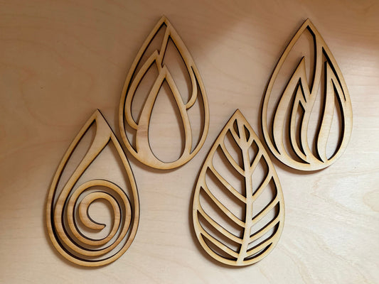 Set of 4 Elements Droplet Unfinished Laser Cut Wood Blanks. Resin Frames. DIY Wall Art.