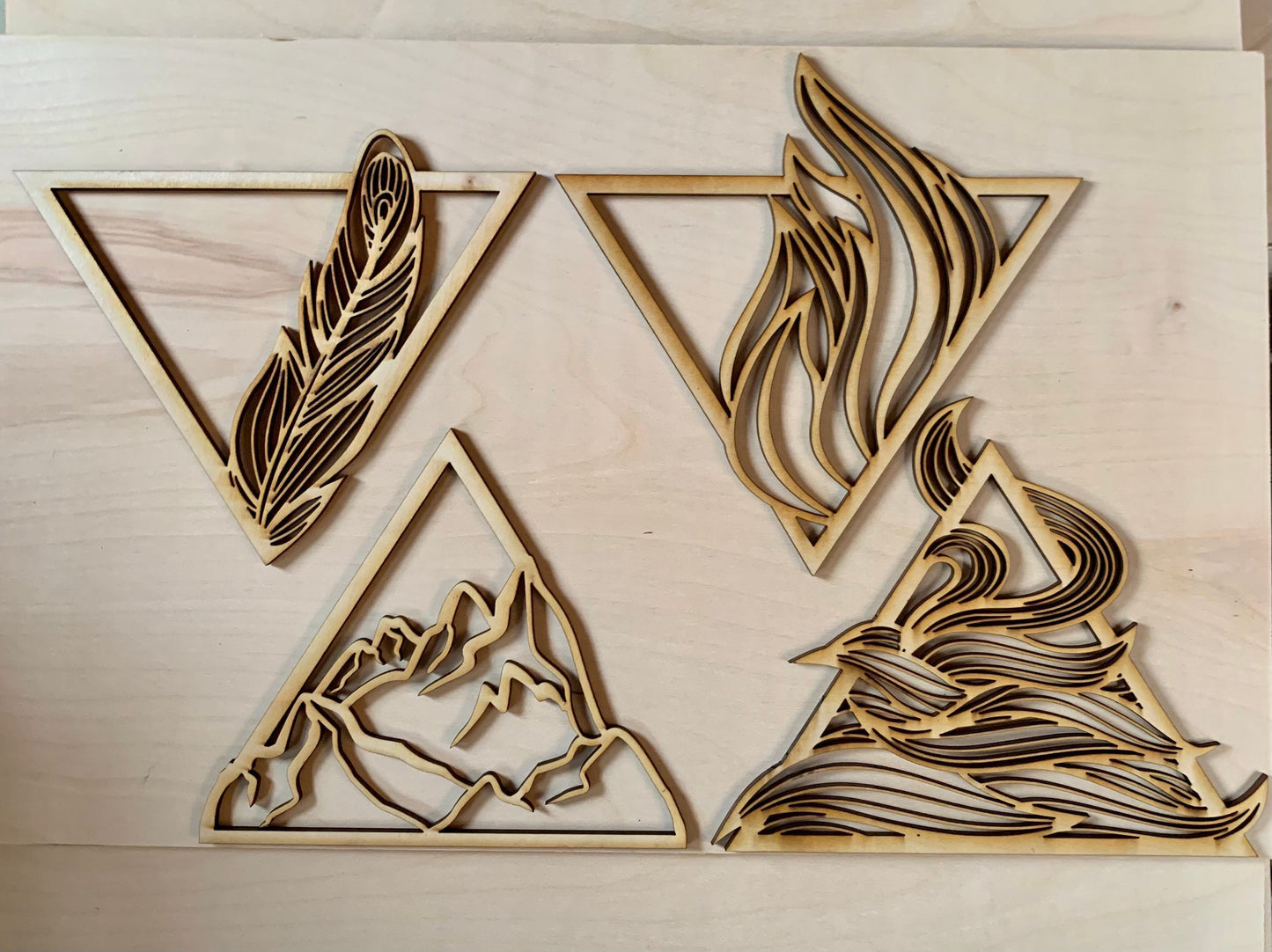 Set of 4 Elements Triangle Unfinished Laser Cut Wood Blanks. Resin Frames. DIY Wall Art.
