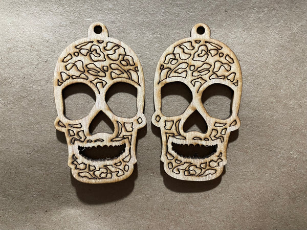 Leopard Spotted Full Skull Blank Wood Earrings. DIY jewelry. Unfinished laser cut wood jewelry. Wood earring blanks. Unfinished wood earrings. Wood jewelry blanks.
