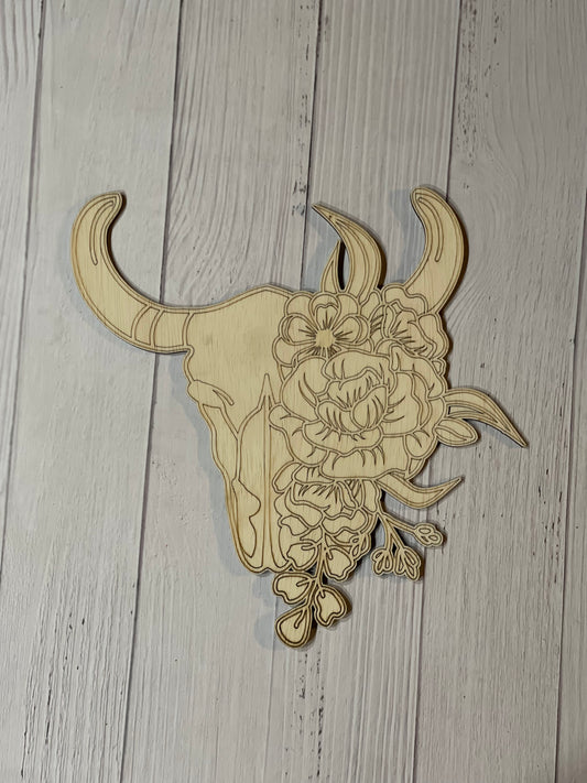 Floral Bull Skull Unfinished Wood frame. Resin art frame. DIY wood cutout. Unfinished laser cut wood resin frame.