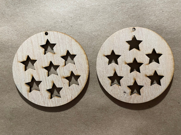 Stars Open Backed Round Blank Wood Earrings. DIY jewelry. Unfinished laser cut wood jewelry. Wood earring blanks. Unfinished wood earrings. Wood jewelry blanks.