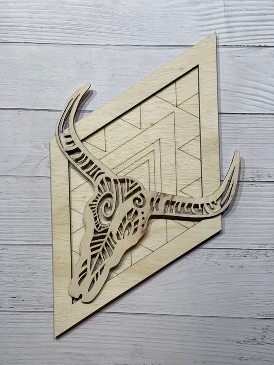 Southwestern Barn Quilt with Bull Skull Unfinished Scored Wood Plaque. DIY wood cutout.
