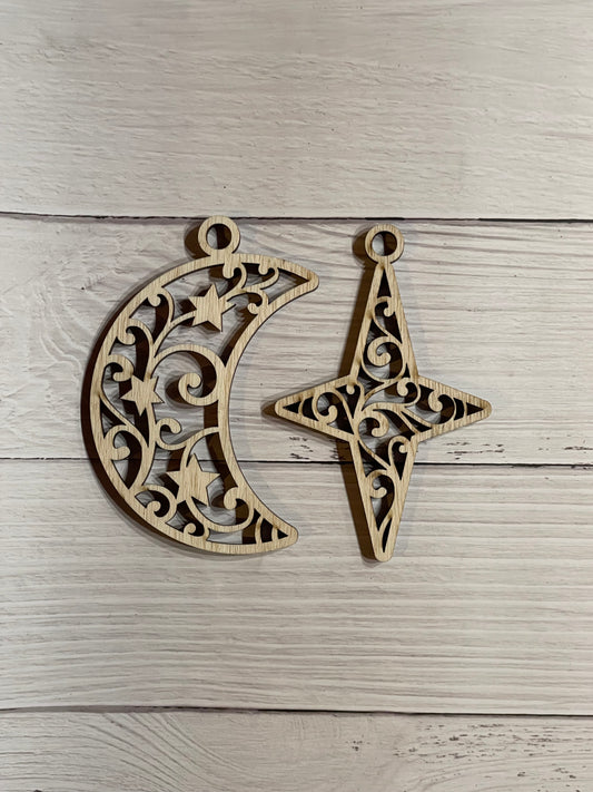 Set of 2 Moon and Star Suncatcher Set Unfinished wood ornament